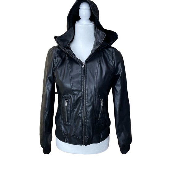 New Look Women's Faux Leather Jacket with Sherpa Lined Hood Sz Small - Picture 2 of 12